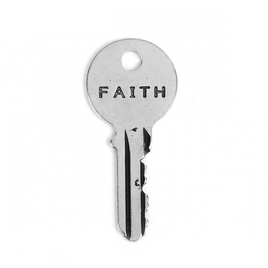 Immagine di Lega di Zinco Ciondoli Chiave Argento Antico Messaggio " FAITH " 42mm x 19mm , 10 Pz
