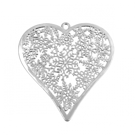 Picture of Zinc Based Alloy Pendants Heart Silver Tone Christmas Snowflake Clear Rhinestone Hollow 84mm(3 2/8") x 78mm(3 1/8"), 1 Piece