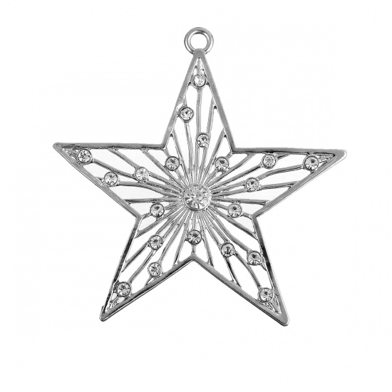 Picture of Zinc Based Alloy Pendants Pentagram Star Silver Tone Clear Rhinestone Hollow 83mm x 82mm(3 2/8"), 1 Piece