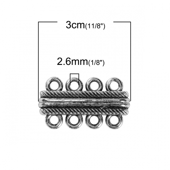 Bild von Zinklegierung Magnetverschluss Rechteck Antiksilber, Streifen Muster 30mm x 17mm, 2 Stück