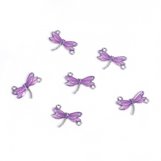 Bild von Zinklegierung Verbinder Libellen Silberfarbe Lila Emaille, 24mm x 17mm, 10 Stück