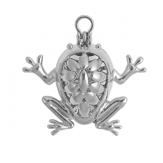Picture of Copper 3D Wish Pearl Locket Jewelry Pendants Frog Animal Silver Tone Can Open (Fit Bead Size: 12mm) 32mm(1 2/8") x 32mm(1 2/8"), 2 PCs