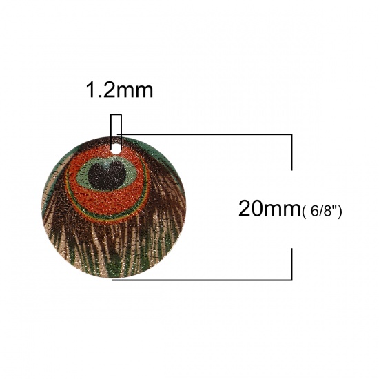 Picture of Copper Enamel Painting Charms Gold Plated Multicolor Peacock Feather Round Sparkledust 20mm Dia., 5 PCs