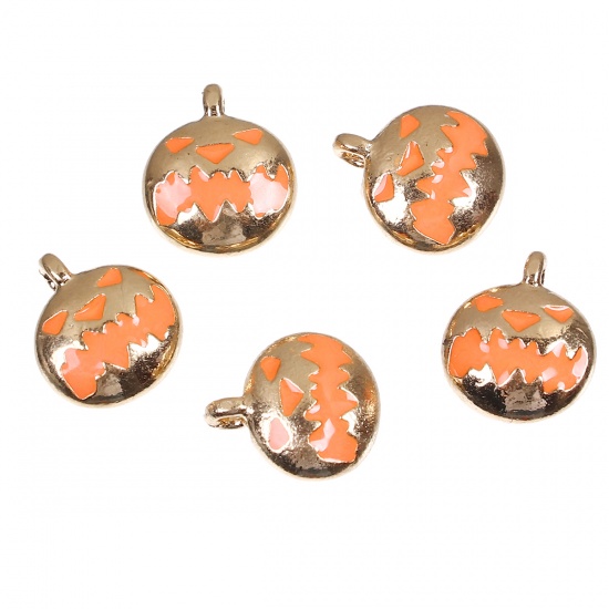 Picture of Zinc Based Alloy Halloween Charms Pumpkin Gold Plated Orange Enamel 13mm( 4/8") x 11mm( 3/8"), 20 PCs