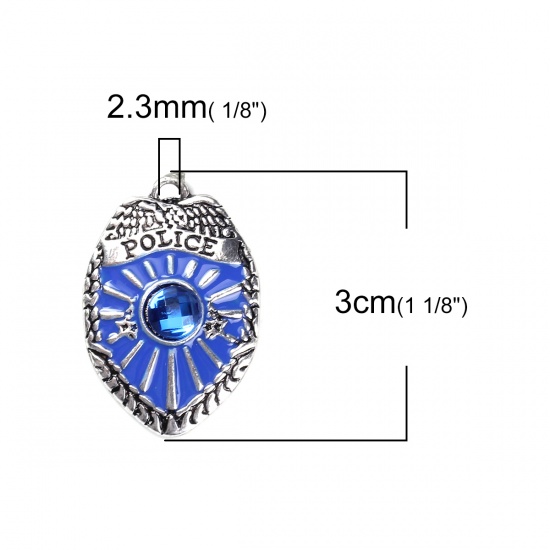 Immagine di Lega di Zinco Ciondoli Scudo Argento Antico Messaggio " POLICE " Blu Strass Smalto 30mm x 21mm , 5 Pz
