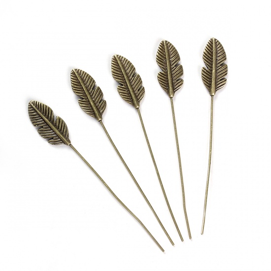 Picture of Zinc Based Alloy Head Pins Antique Bronze Feather 6.4cm(2 4/8") long, 0.7mm (21 gauge), 5 PCs