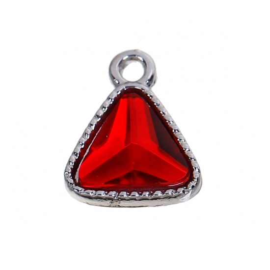 Picture of Zinc Based Alloy January Birthstone Charms Triangle Silver Tone Dark Red Glass Rhinestone 13mm( 4/8") x 11mm( 3/8"), 10 PCs