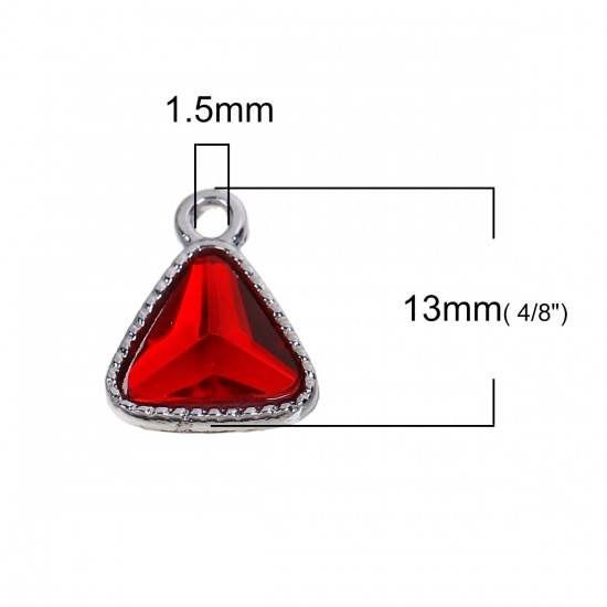 Immagine di Gennaio Vetro Pietre Nascita Charms Triangolo Tono Argento Rosso Scuro Strass 13mm x 11mm , 10 Pz