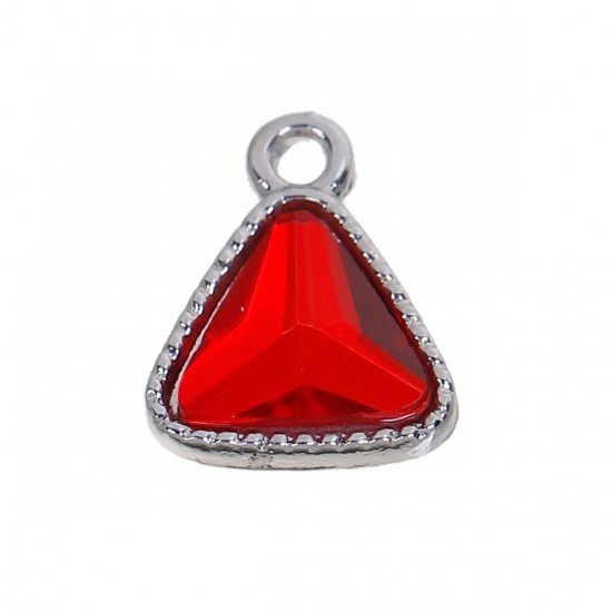 Picture of Zinc Based Alloy July Birthstone Charms Triangle Silver Tone Red Glass Rhinestone 13mm( 4/8") x 11mm( 3/8"), 10 PCs