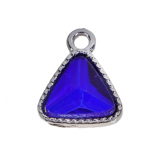 Picture of Zinc Based Alloy September Birthstone Charms Triangle Silver Tone Royal Blue Glass Rhinestone 13mm( 4/8") x 11mm( 3/8"), 10 PCs