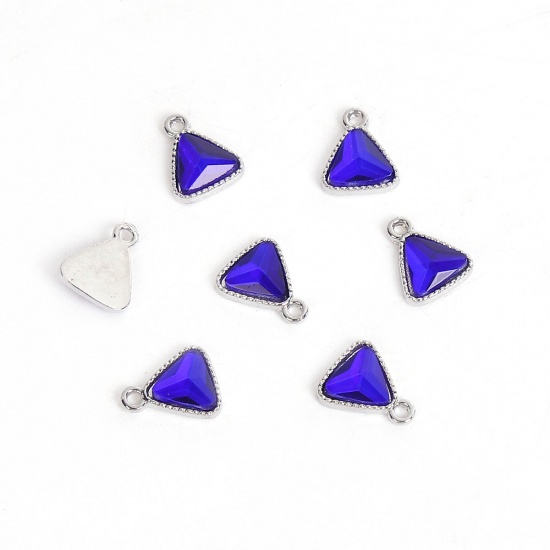 Immagine di Settembre Vetro Pietre Nascita Charms Triangolo Tono Argento Blu Marino Strass 13mm x 11mm , 10 Pz