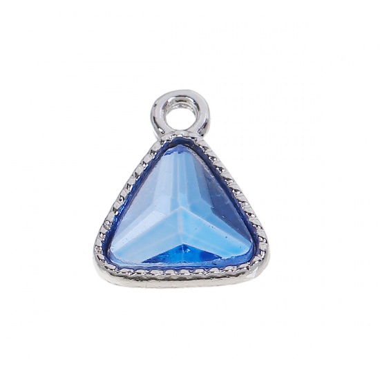 Picture of Zinc Based Alloy December Birthstone Charms Triangle Silver Tone Skyblue Glass Rhinestone 13mm( 4/8") x 11mm( 3/8"), 10 PCs