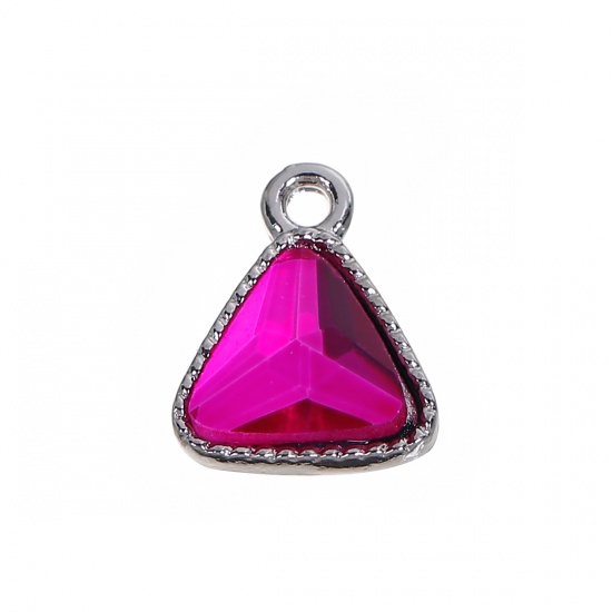 Picture of Zinc Based Alloy October Birthstone Charms Triangle Silver Tone Fuchsia Glass Rhinestone 13mm( 4/8") x 11mm( 3/8"), 10 PCs
