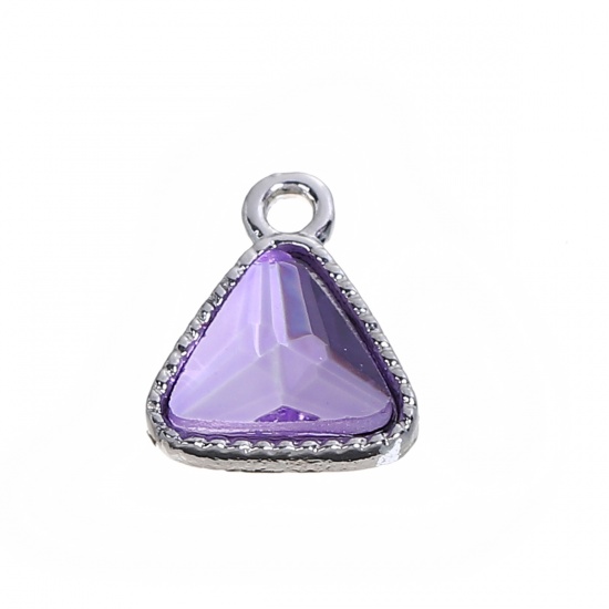 Picture of Zinc Based Alloy June Birthstone Charms Triangle Silver Tone Mauve Glass Rhinestone 13mm( 4/8") x 11mm( 3/8"), 10 PCs