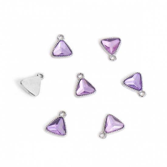 Immagine di Giugno Vetro Pietre Nascita Charms Triangolo Tono Argento Ametista Chiaro Strass 13mm x 11mm , 10 Pz