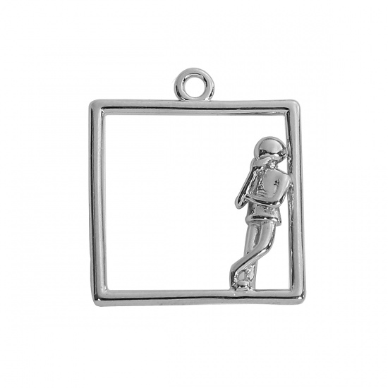 Picture of Brass Lilliput Waiting Charms Square Silver Tone Person 27mm(1 1/8") x 23mm( 7/8"), 2 PCs                                                                                                                                                                     