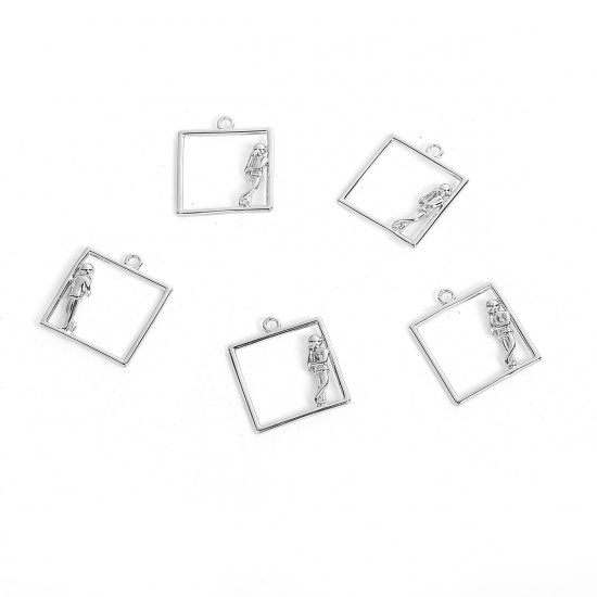 Picture of Brass Lilliput Waiting Charms Square Silver Tone Person 27mm(1 1/8") x 23mm( 7/8"), 2 PCs                                                                                                                                                                     