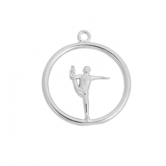 Picture of Brass Lilliput Practice Gymnastics Charms Round Silver Tone Person 29mm(1 1/8") x 26mm(1"), 2 PCs                                                                                                                                                             