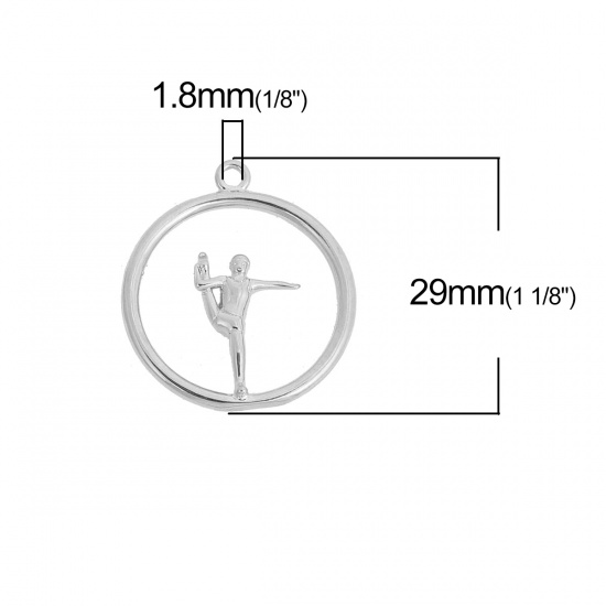 Picture of Brass Lilliput Practice Gymnastics Charms Round Silver Tone Person 29mm(1 1/8") x 26mm(1"), 2 PCs                                                                                                                                                             