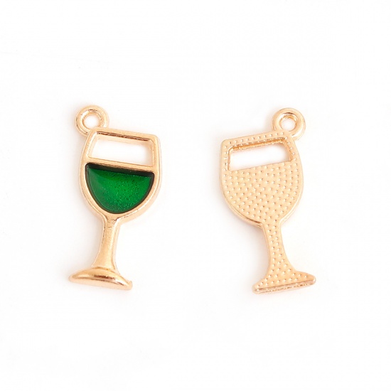 Picture of Zinc Based Alloy Charms Wine Glass Gold Plated Green Enamel 19mm( 6/8") x 9mm( 3/8"), 20 PCs