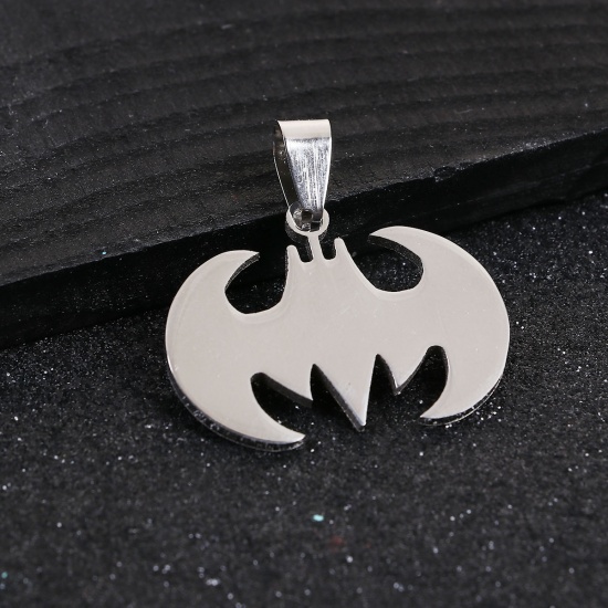 Picture of 304 Stainless Steel Pendants Halloween Bat Animal Silver Tone 31mm(1 2/8") x 29mm(1 1/8"), 2 PCs