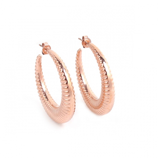 Picture of 304 Stainless Steel Hoop Earrings Rose Gold Circle Ring Stripe 37mm(1 4/8") x 33mm(1 2/8"), Post/ Wire Size: (20 gauge), 1 Pair