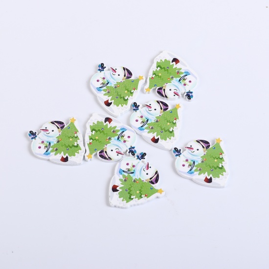 Picture of Three-ply Board Sewing Buttons Scrapbooking Two Hole Christmas Snowman White & Green Christmas Tree Pattern 36mm(1 3/8") x 30mm(1 1/8"), 50 PCs