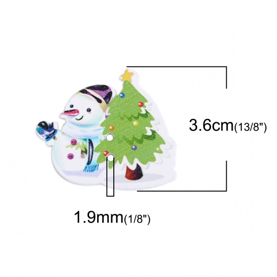 Immagine di Tre-Laminati Bottone da Cucire Scrapbook Due Fori Pupazzo Natale Bianco & Verde Albero di Natale Disegno 36mm x 30mm, 50 Pz