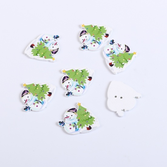 Immagine di Tre-Laminati Bottone da Cucire Scrapbook Due Fori Pupazzo Natale Bianco & Verde Albero di Natale Disegno 36mm x 30mm, 50 Pz