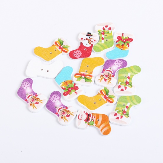 Immagine di Tre-Laminati Bottone da Cucire Scrapbook Due Fori Calza di Natale A Random 29mm x 18mm, 50 Pz