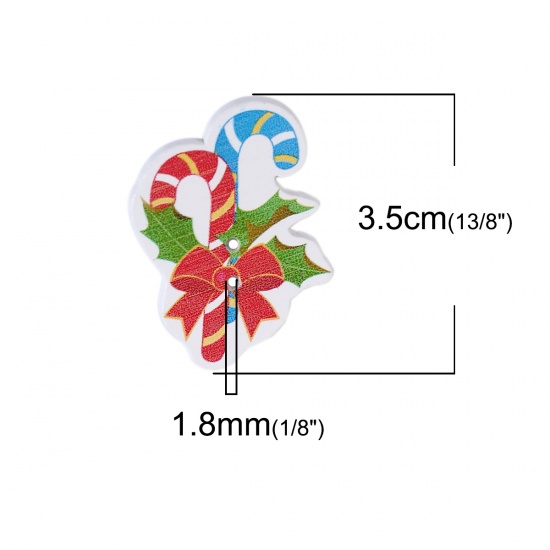 Picture of Three-ply Board Sewing Buttons Scrapbooking Two Hole Christmas Candy Cane Multicolor 35mm(1 3/8") x 27mm(1 1/8"), 50 PCs