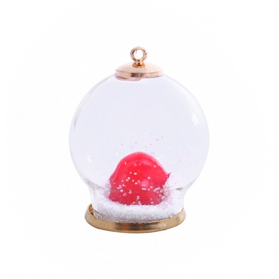 Picture of Transparent Glass Pendants Bubble Christmas Hats Red Glitter 3.8cm x 3cm(1 4/8" x1 1/8") - 3.5cm x 2.9cm(1 3/8" x1 1/8"), 1 Piece