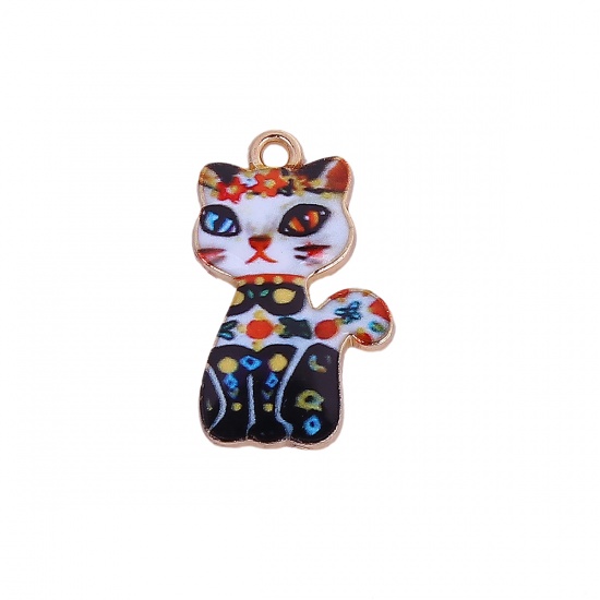 Picture of Zinc Based Alloy Charms Cat Animal Gold Plated Multicolor Enamel 23mm( 7/8") x 14mm( 4/8"), 10 PCs