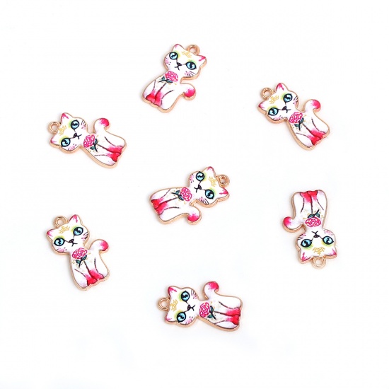 Image de Breloque en Alliage de Zinc Chat Fleurs Email Doré Blanc & Rouge 23mm x 14mm, 10 Pcs