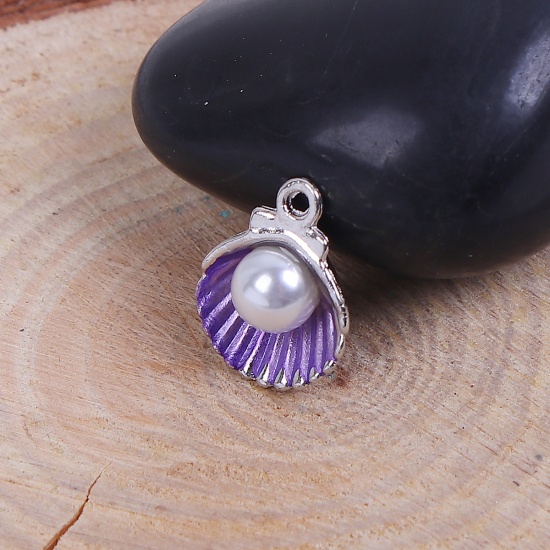 Bild von Zinklegierung Einzelne Perle Schmuck Charms Muschel Silberfarbe Lila Acryl Imitat Perle 15mm x 12mm, 20 Stück