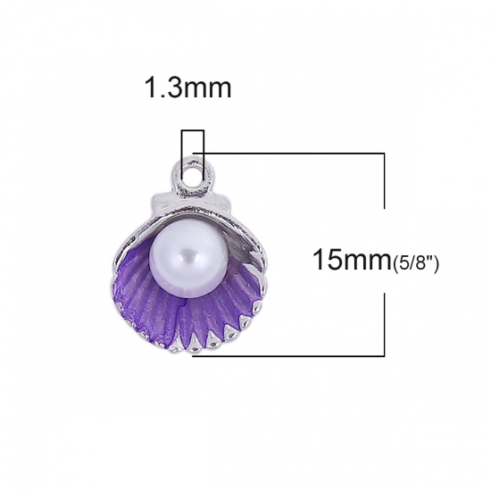 Picture of Zinc Based Alloy One Pearl Jewelry Charms Shell Silver Tone Purple Acrylic Imitation Pearl 15mm( 5/8") x 12mm( 4/8"), 20 PCs