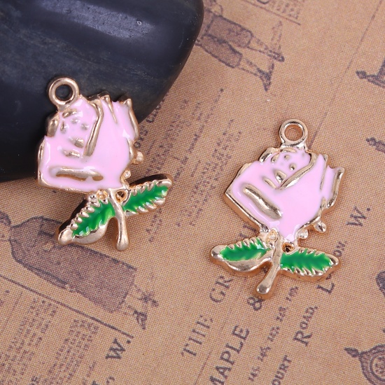 Picture of Zinc Based Alloy Enamel Flower Garden Style Charms Rose Flower Gold Plated Pink & Green 25mm(1") x 17mm( 5/8"), 10 PCs