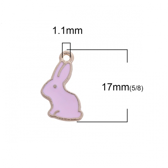 Picture of Zinc Based Alloy Enamel Flower Garden Style Charms Rabbit Animal Gold Plated Pink 17mm( 5/8") x 9mm( 3/8"), 10 PCs
