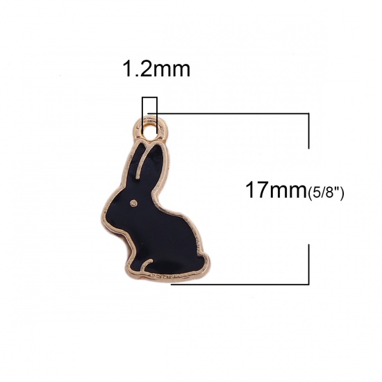 Picture of Zinc Based Alloy Enamel Flower Garden Style Charms Rabbit Animal Gold Plated Black 17mm( 5/8") x 9mm( 3/8"), 10 PCs