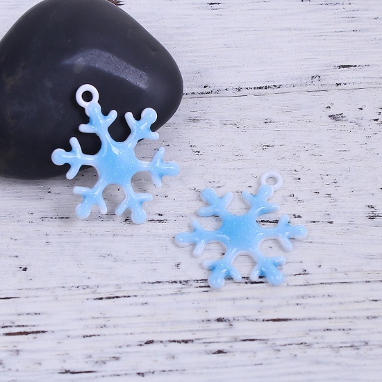 Picture of Zinc Based Alloy Charms Christmas Snowflake White Blue Enamel 27mm(1 1/8") x 21mm( 7/8"), 10 PCs