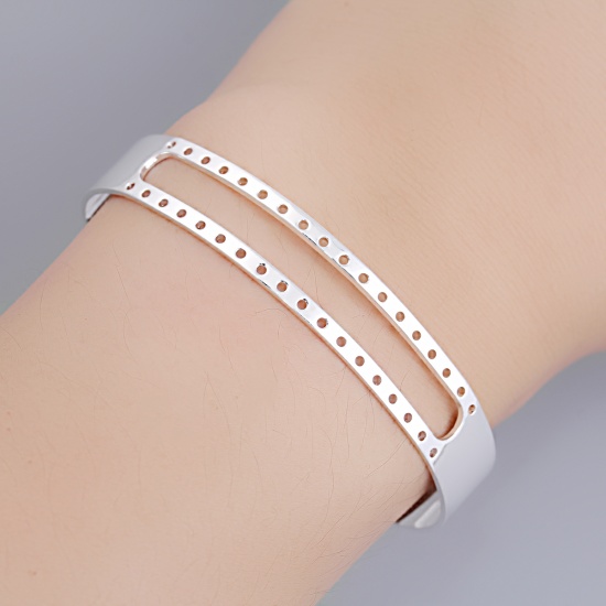 Image de Bracelet Manchette Jonc Semi-Ouvert en Laiton Argenté Centre Creux pour Tresser avec Perles de Rocailles 15.6cm long, 1 Pièce                                                                                                                                 