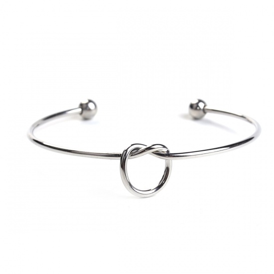 Picture of 304 Stainless Steel Open Cuff Bangles Bracelets Knot Silver Tone 17cm(6 6/8") long, 1 Piece