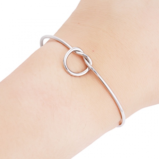 Picture of 304 Stainless Steel Open Cuff Bangles Bracelets Knot Silver Tone 17cm(6 6/8") long, 1 Piece