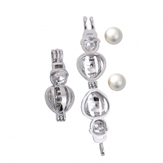 Picture of Zinc Based Alloy 3D Wish Pearl Locket Jewelry Pendants Christmas Snowman Silver Tone Can Open (Fit Bead Size: 8mm) 33mm(1 2/8") x 13mm( 4/8"), 2 PCs