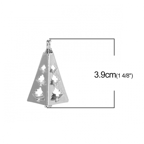 Picture of Zinc Based Alloy Wish Pearl Locket Jewelry Pendants Triangle Silver Tone Christmas Tree Can Open (Fit Bead Size: 12mm) 39mm(1 4/8") x 17mm( 5/8"), 2 PCs