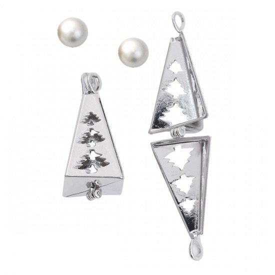 Picture of Zinc Based Alloy Wish Pearl Locket Jewelry Pendants Triangle Silver Tone Christmas Tree Can Open (Fit Bead Size: 12mm) 39mm(1 4/8") x 17mm( 5/8"), 2 PCs