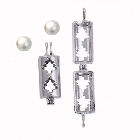 Picture of Zinc Based Alloy Wish Pearl Locket Jewelry Pendants Cylinder Silver Tone Christmas Tree Can Open (Fit Bead Size: 8mm) 33mm(1 2/8") x 11mm( 3/8"), 2 PCs