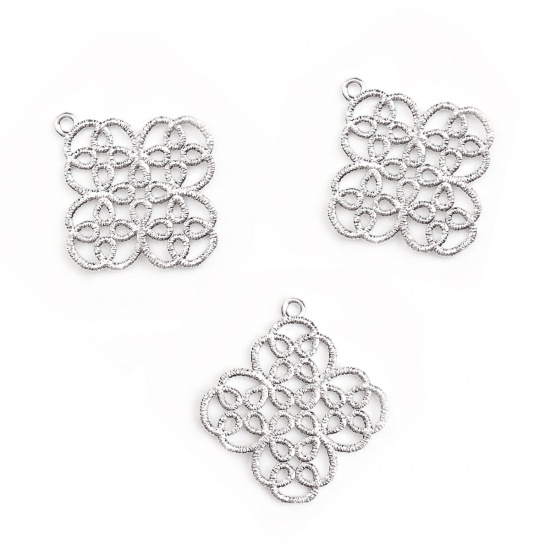 Picture of Brass Metal Lace Charms Rhombus Silver Tone Filigree 29mm(1 1/8") x 27mm(1 1/8"), 3 PCs                                                                                                                                                                       
