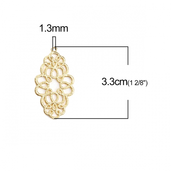 Picture of Brass Metal Lace Pendants Oval Gold Plated Filigree 33mm(1 2/8") x 18mm( 6/8"), 3 PCs                                                                                                                                                                         