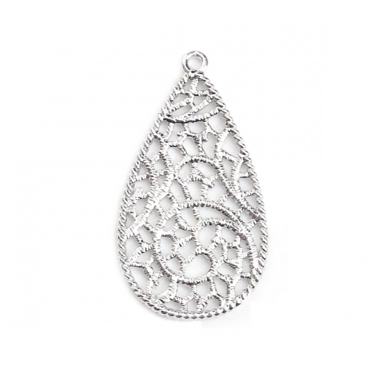 Picture of Brass Metal Lace Charms Drop Silver Tone Filigree 29mm(1 1/8") x 16mm( 5/8"), 3 PCs                                                                                                                                                                           